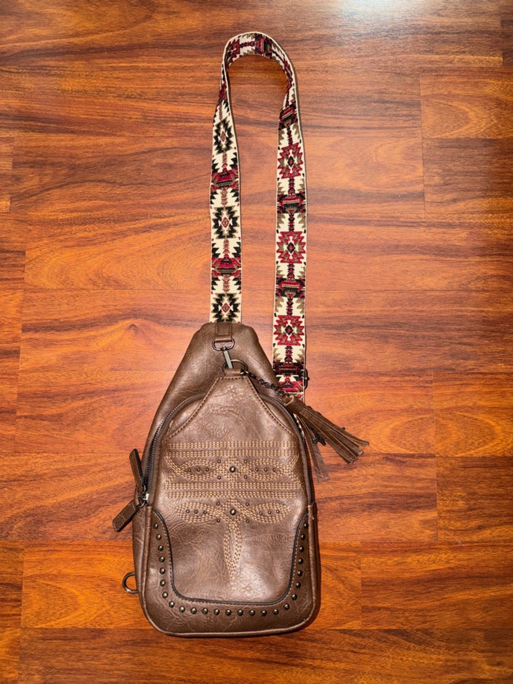 Brown Leather Crossbody Sling Bag with Patterned Strap